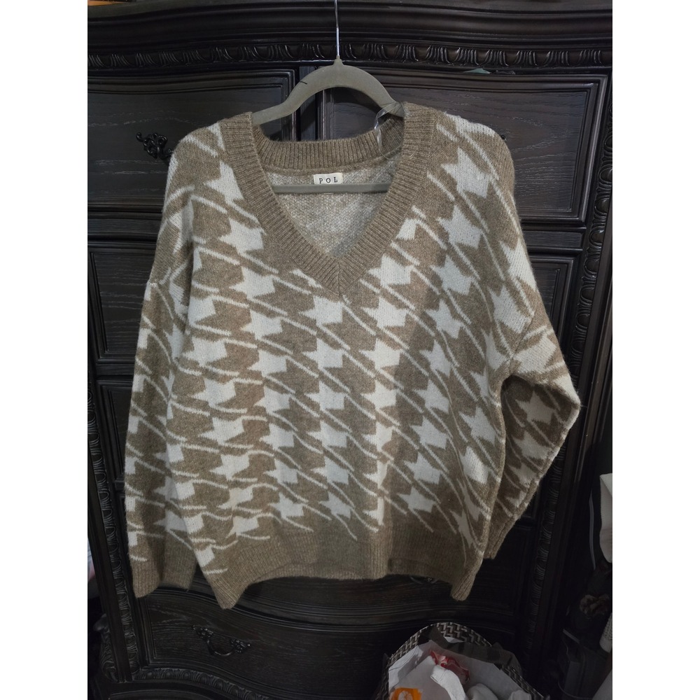 POL Clothing Womens Tan Cream Houndstooth V-Neck Oversized Knit Sweater Small